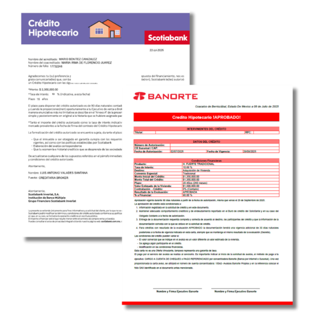 Carta de aprobación de crédito Scotiabank y Banorte