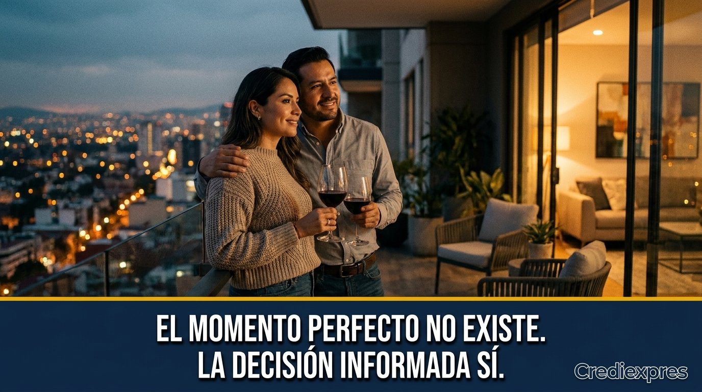 Pareja en el balcón de su departamento: el momento perfecto para comprar no existe, la decisión informada sí