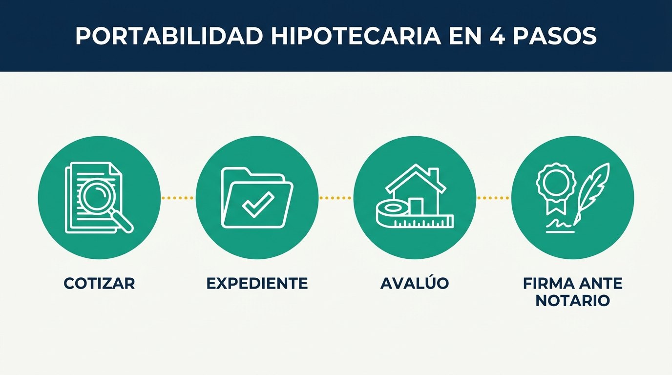 Portabilidad hipotecaria en 4 pasos: cotizar, expediente, avalúo y firma ante notario