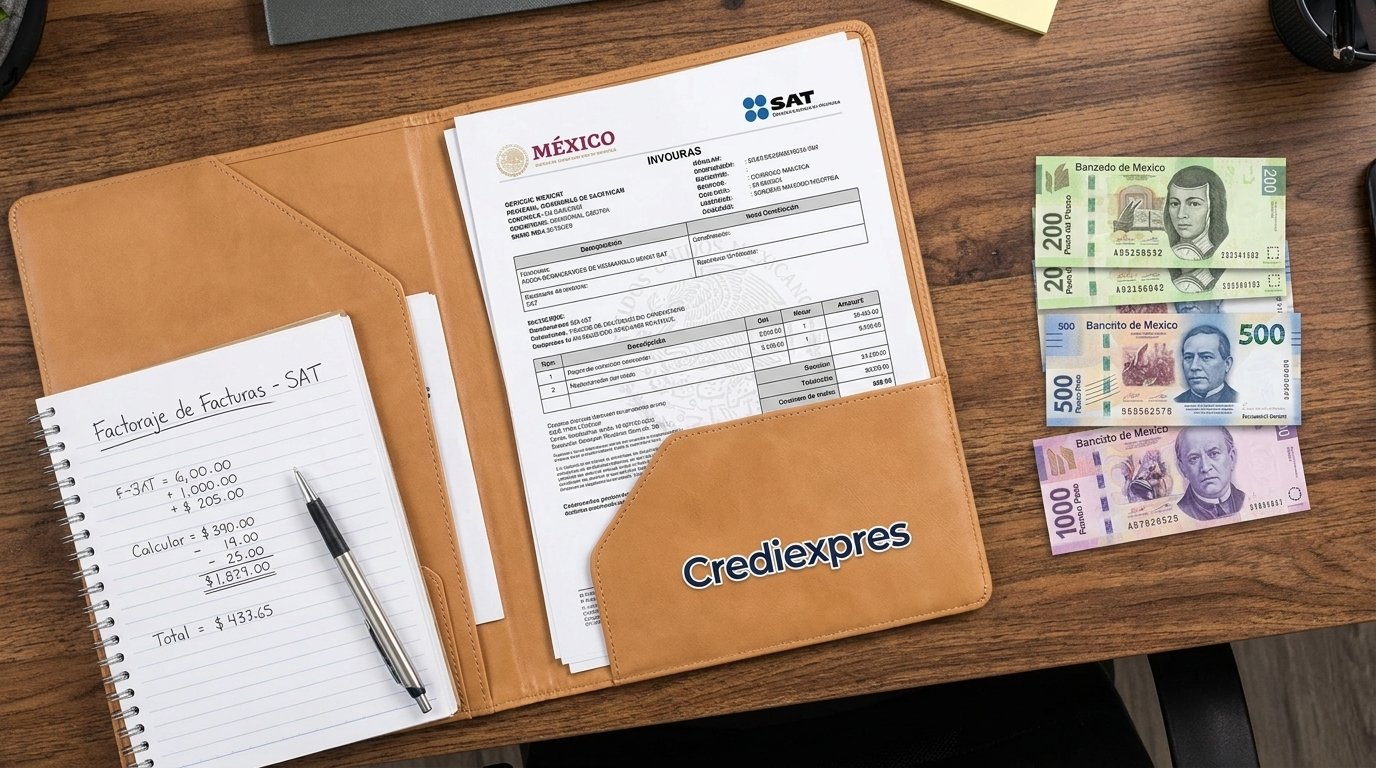 Factura del SAT junto a billetes mexicanos y el cálculo del anticipo por factoraje financiero