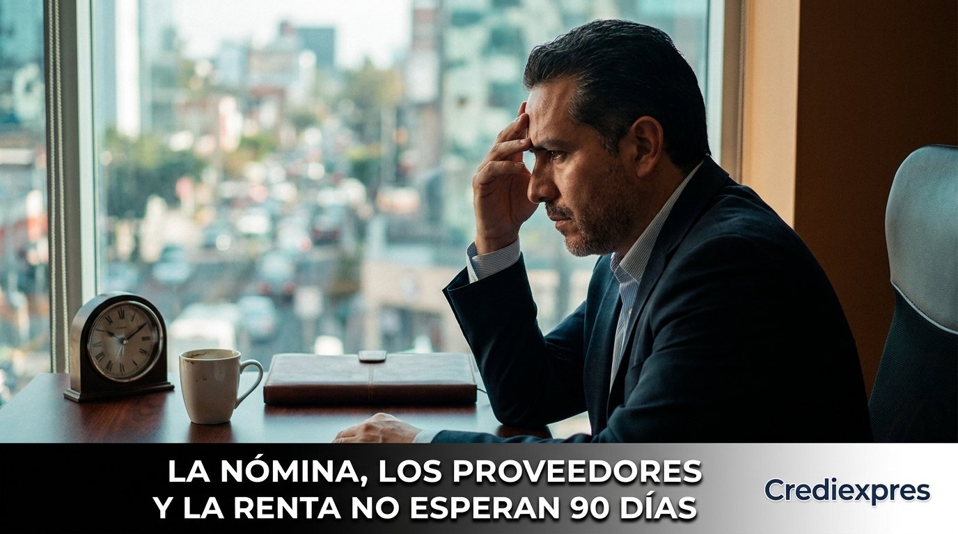 Empresario preocupado frente a un reloj: la nómina, los proveedores y la renta no esperan a que el cliente pague a 90 días