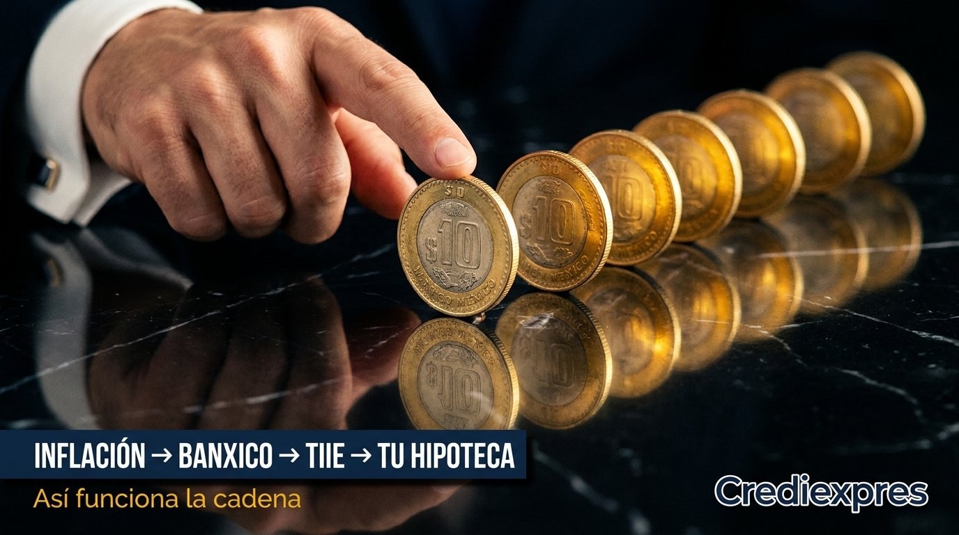 Monedas mexicanas en fila: la cadena que va de la inflación a Banxico, de Banxico a la TIIE y de la TIIE a tu hipoteca