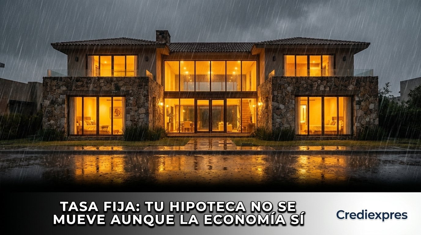 Casa iluminada bajo la lluvia: con tasa fija tu hipoteca no se mueve aunque la economía sí