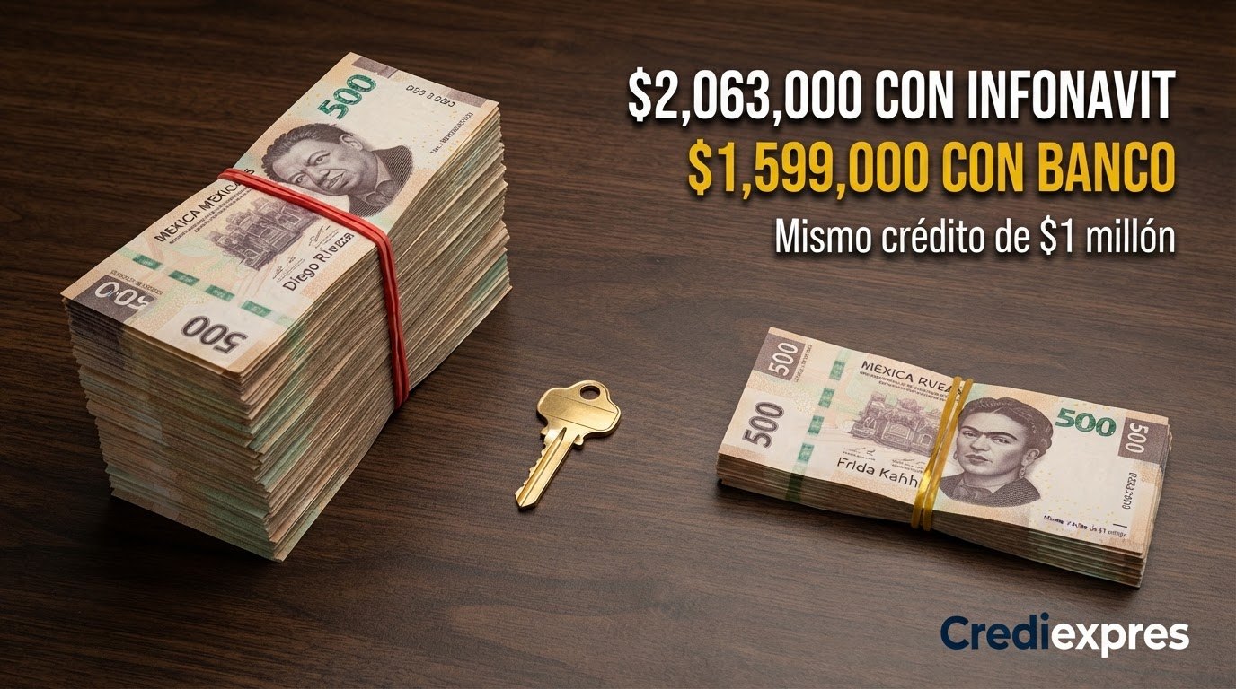 Costo total del mismo crédito de 1 millón: 2,063,000 pesos con Infonavit contra 1,599,000 pesos con banco