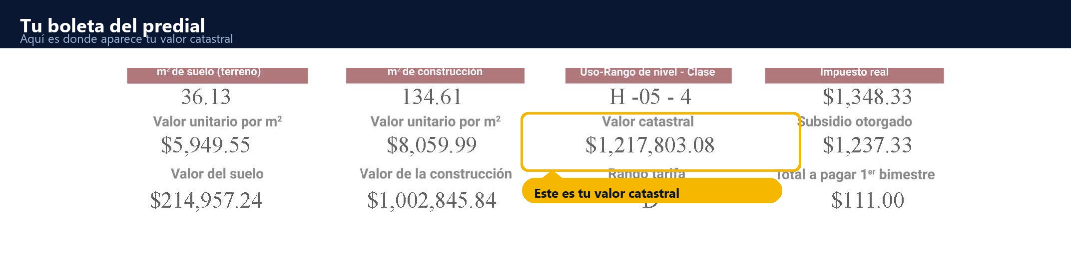 Boleta del predial de la CDMX señalando dónde aparece el valor catastral que define tu descuento de la Jornada Notarial