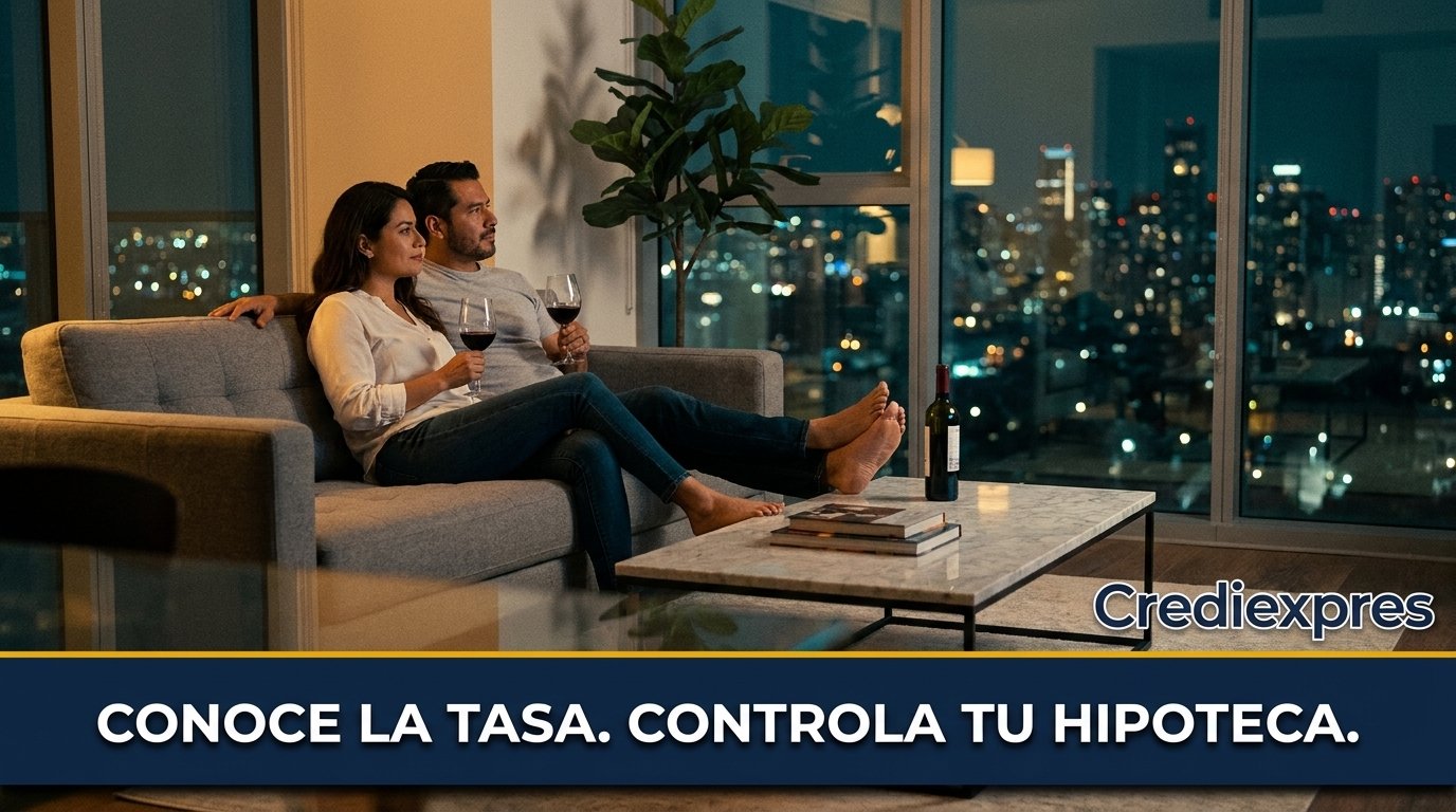 Pareja tranquila en su departamento: conocer la tasa de tu crédito es lo que te permite controlar tu hipoteca