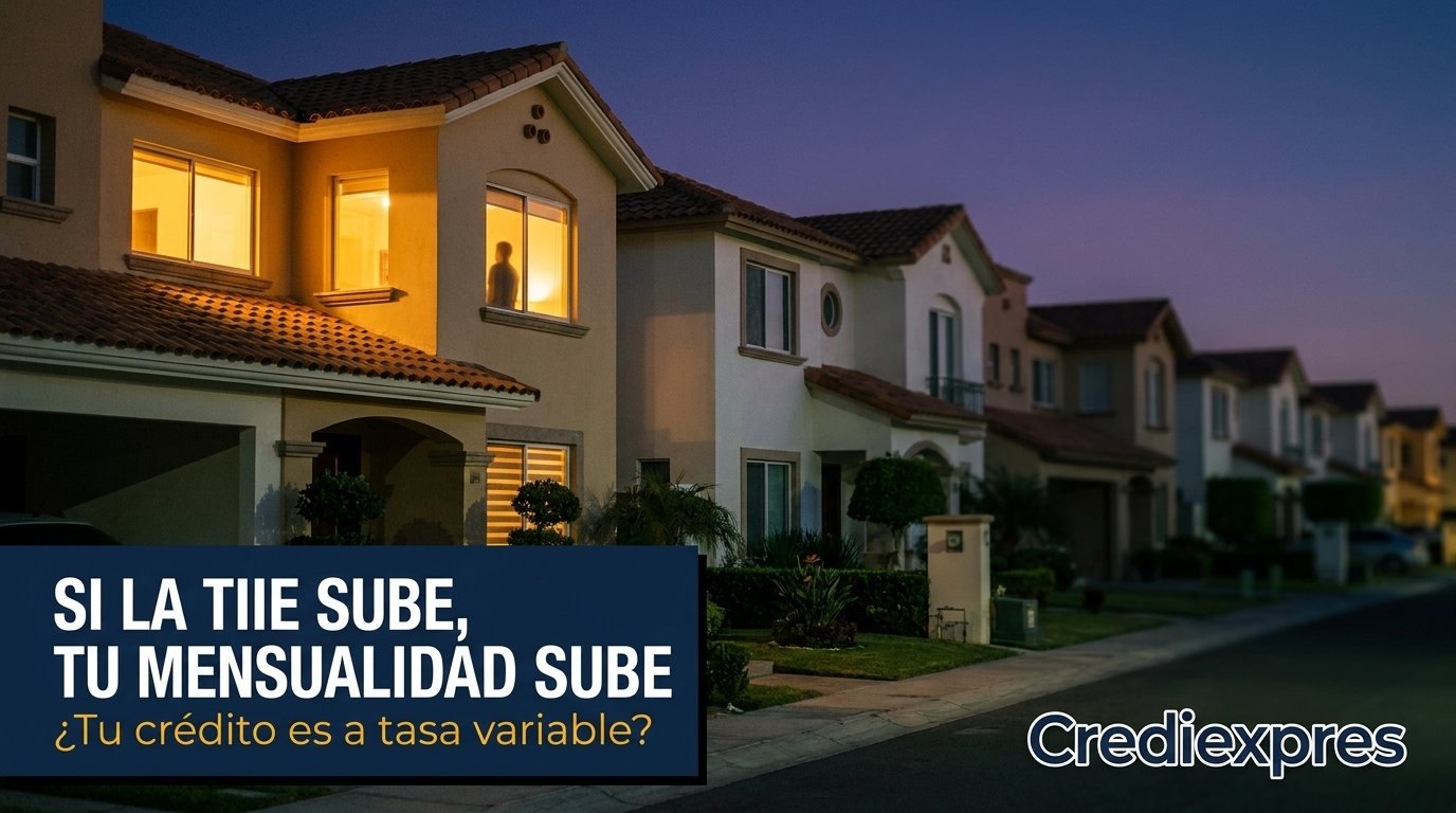 Casas residenciales al anochecer: si la TIIE sube, la mensualidad de un crédito a tasa variable sube con ella