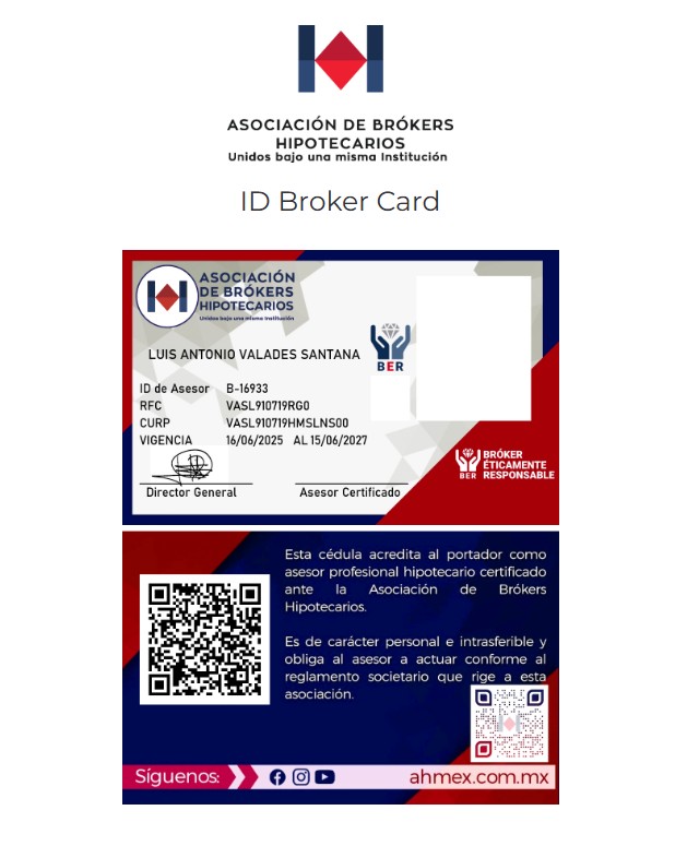 Certificado AHMEX de Luis Antonio Valades Santana — ID de Asesor B-16933